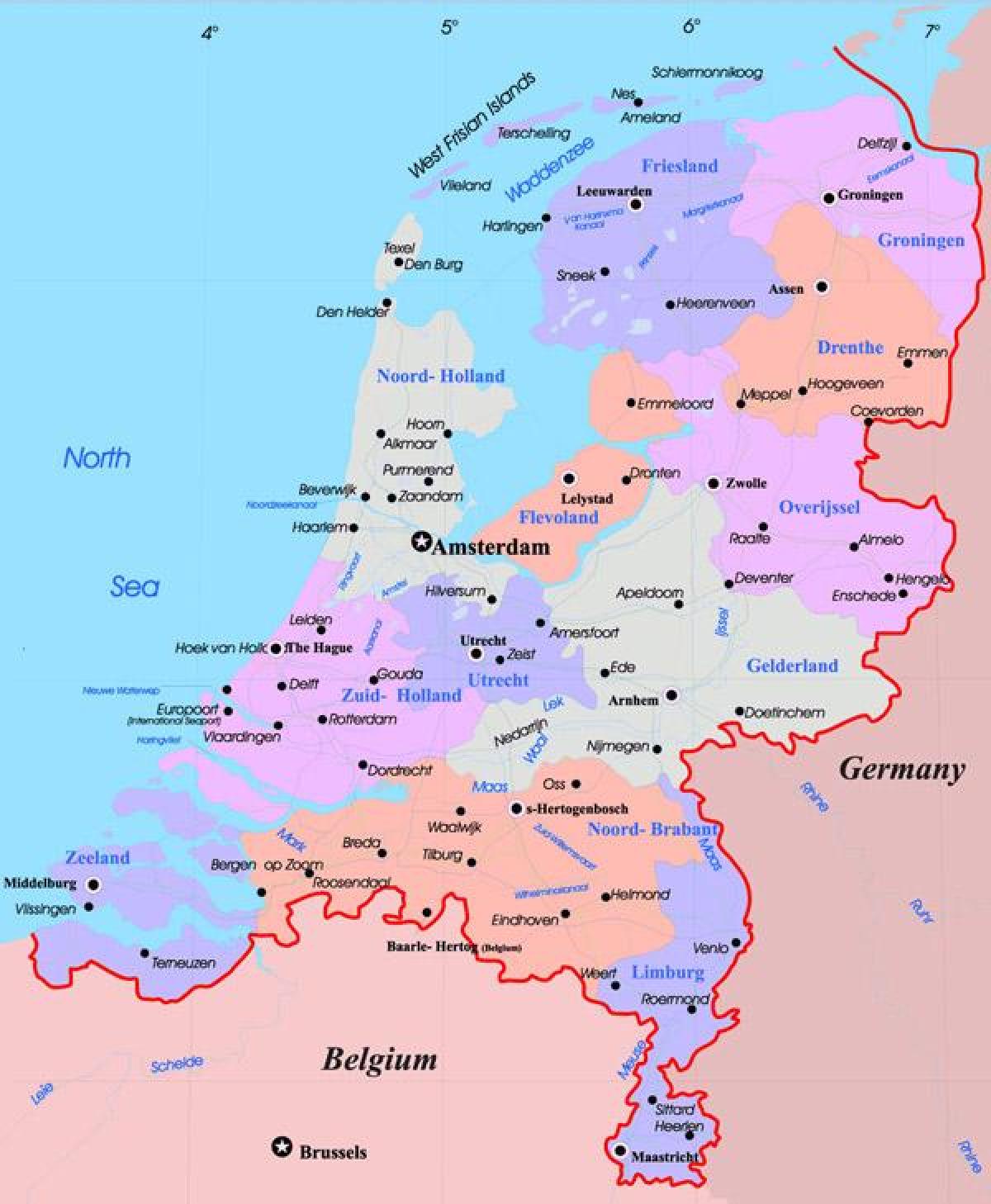 Kaart van Nederland met de belangrijkste steden